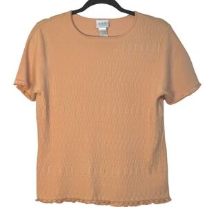 CLC‎ Textured Knit Top Peach Short Sleeve Crew Neck Scalloped Hem Cuffs Casual M
